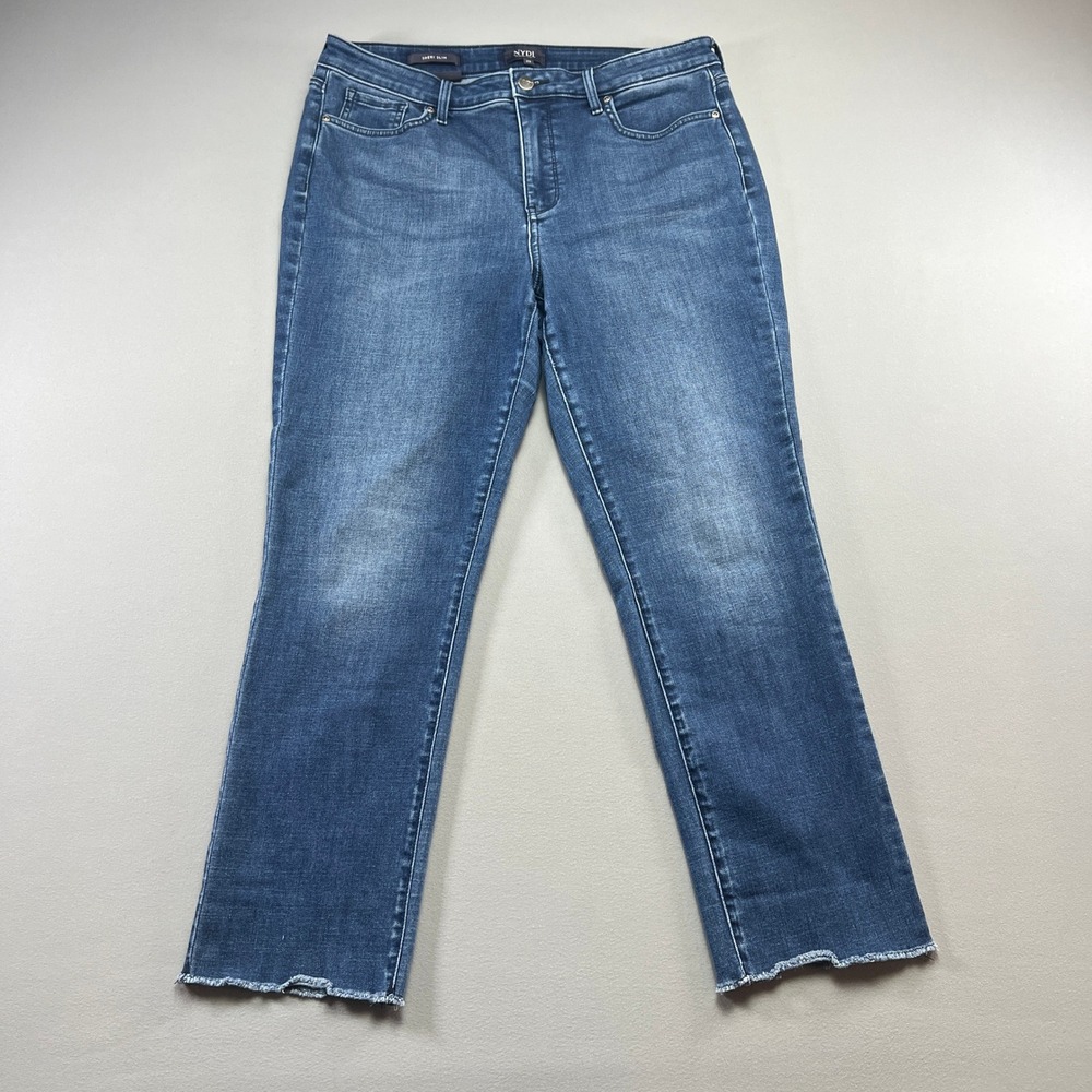Nydj Sheri Slim Jeans Womens 12 Blue Denim Cotton Stretch Lift Tuck Raw Hem